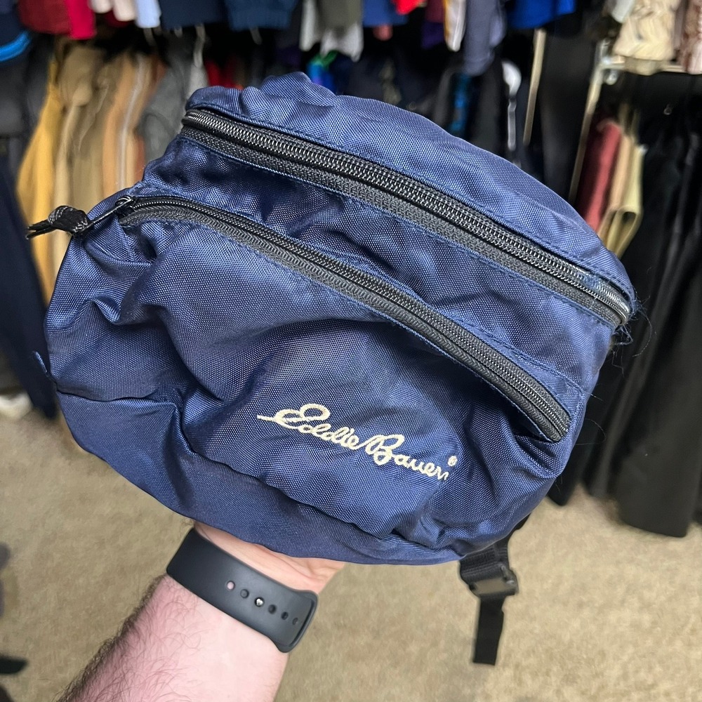 Vintage 90s Eddie Bauer Navy Blue Fanny Pack Large 9" Waist Bag Belt Bag